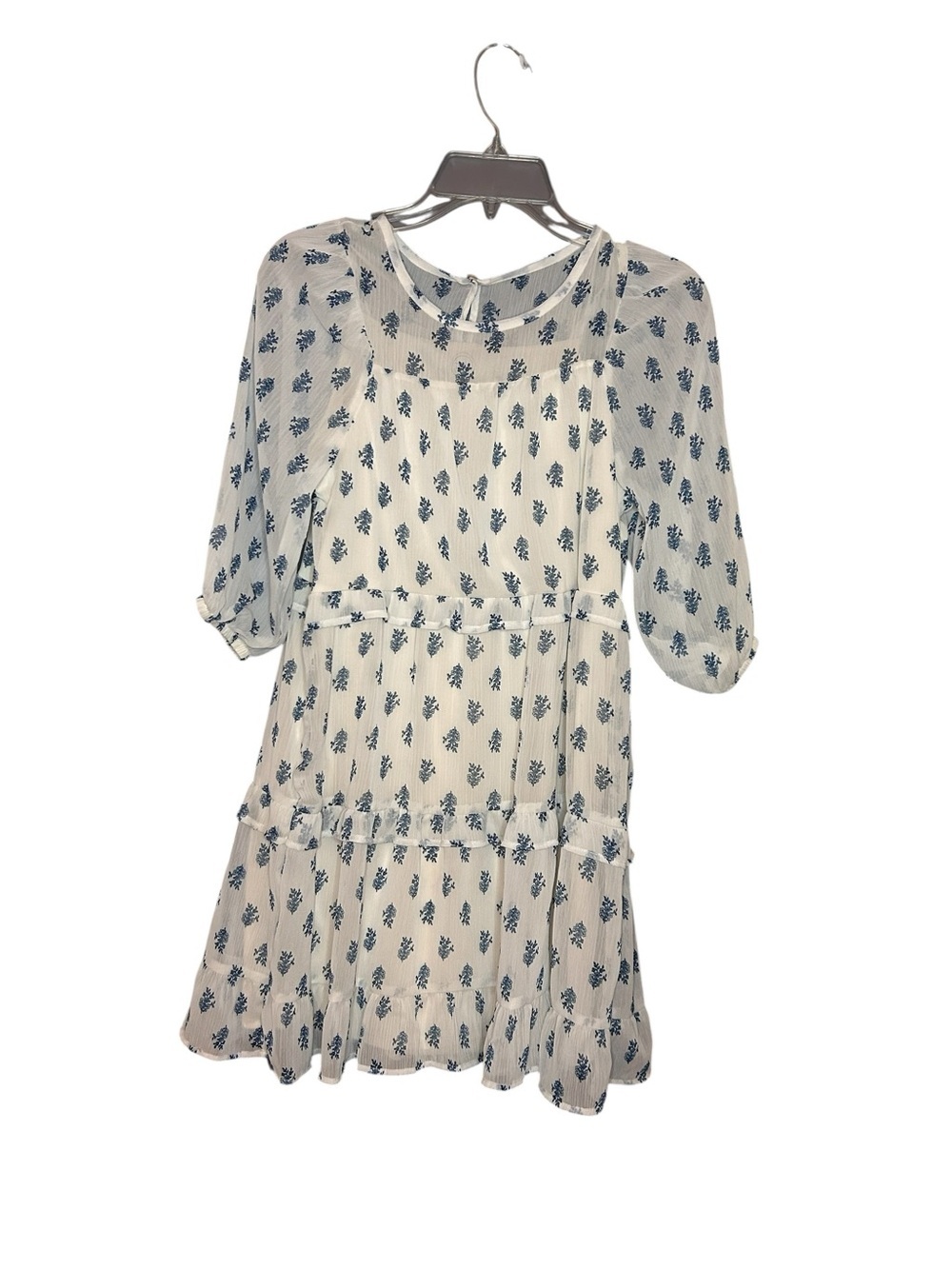 Wonder Nation Girls Boho Floral Dress Size Large 10/12 Cream Blue Tiered Chiffon
